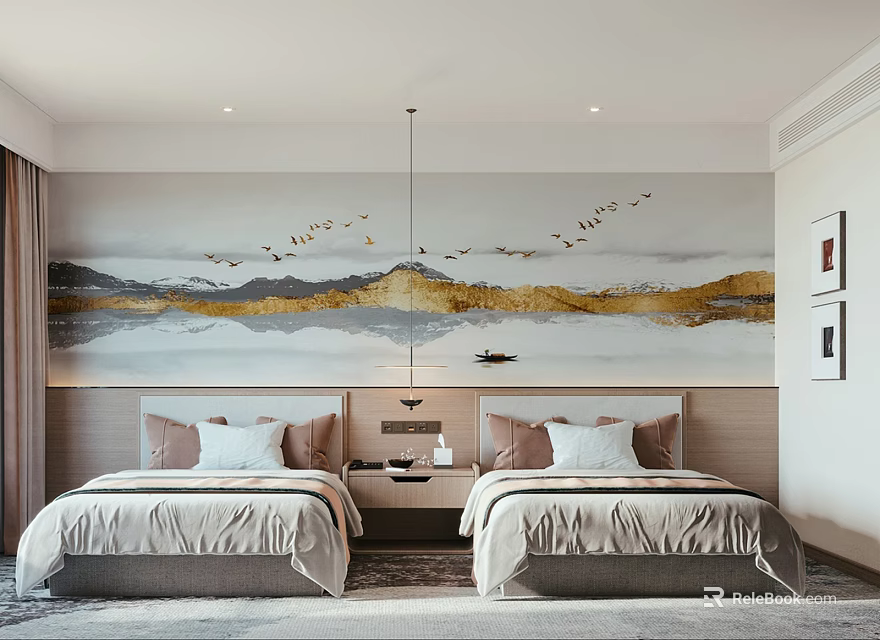 Modern Hotel Room Interior With Twin Beds And Elegant Landscape Mural Decor 3d model 