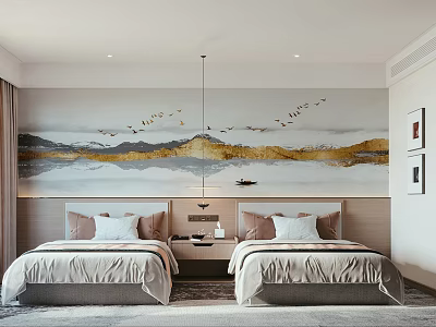 Modern Hotel Room Interior With Twin Beds And Elegant Landscape Mural Decor 3d model