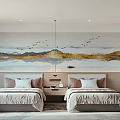 Modern Hotel Room Interior With Twin Beds And Elegant Landscape Mural Decor