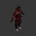 Samurai Warrior In Red Traditional Armor With Dragon Motifs And Horned Helmet Design