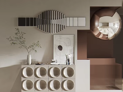 Modern Entryway Side Cabinet Interior Design With Striped Mirror Potted Plant And Circular Patterns 3d model
