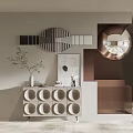 Modern Entryway Side Cabinet Interior Design With Striped Mirror Potted Plant And Circular Patterns