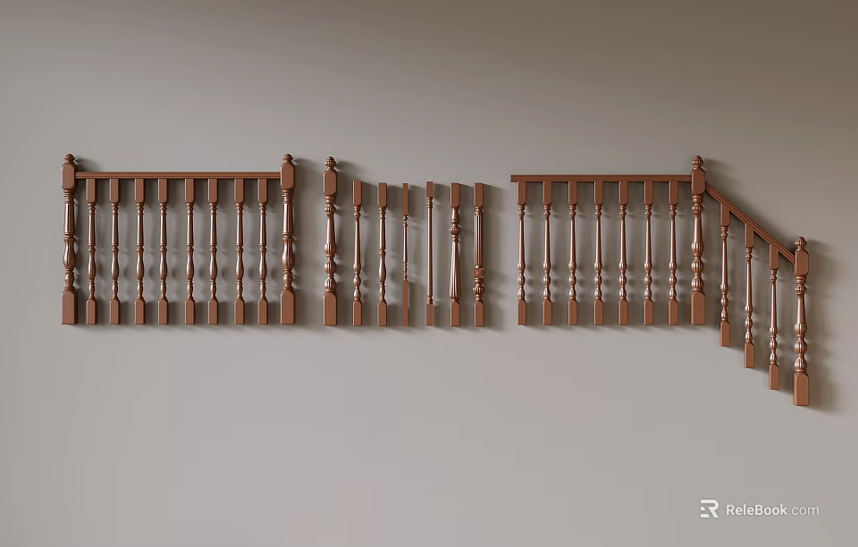 Wooden Staircase Railing Sections Featuring Different Designs And Decorative Balusters 3d model 