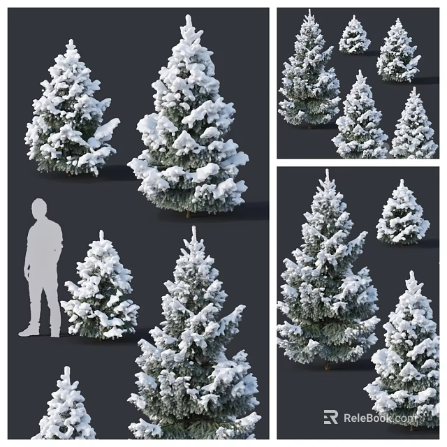 Multiple Snow Covered Trees In Different Sizes With Human Silhouette For Scale 3d model