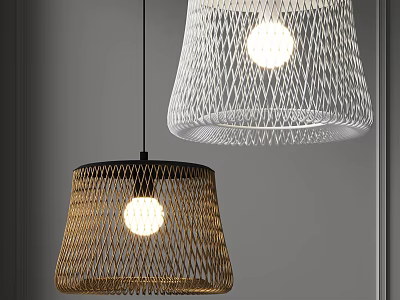Modern White and Brown Woven Pendant Lights with Glowing Bulbs for Contemporary Home 3d model