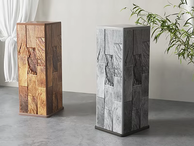 Brown And Gray Wooden Columns Featuring Patchwork Design In Indoor Setting With Plants 3d model