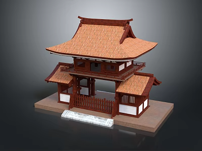 Ancient Architecture Model Featuring Two Story Wooden Structure With Tiled Roof And Gate Fence Design 3d model