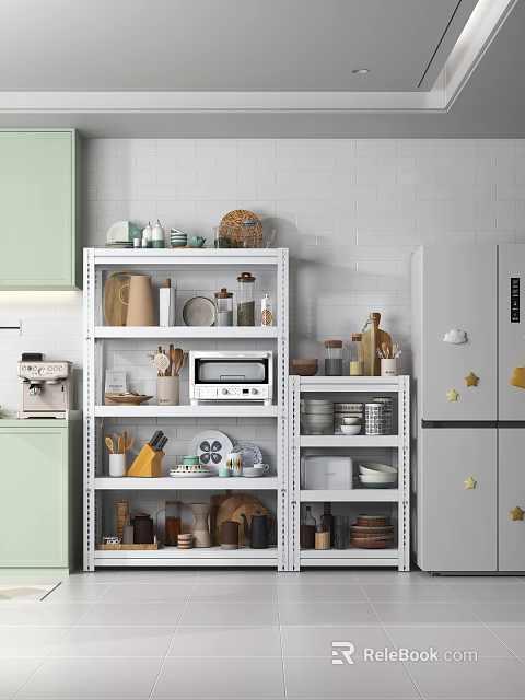 Cozy Kitchen With Green Cabinets White Brick Wall Shelves Microwave Coffee Machine And Star Stickers 3d model 