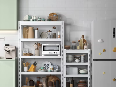 Cozy Kitchen With Green Cabinets White Brick Wall Shelves Microwave Coffee Machine And Star Stickers 3d model