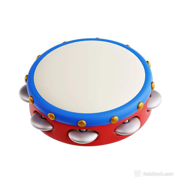 Colorful Children's Musical Drum With Red Blue Frame White Surface Golden Dots And Silver Bells 3d model 