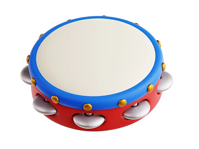 Colorful Children's Musical Drum With Red Blue Frame White Surface Golden Dots And Silver Bells 3d model