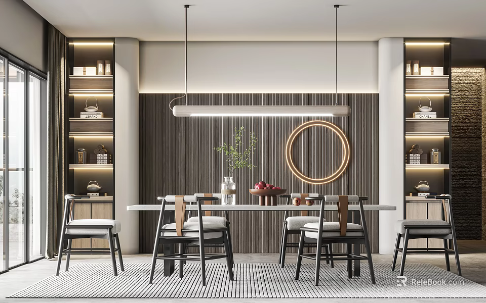 Modern Restaurant Interior With Dining Table Chairs Pendant Lights Wooden Wall Shelves And Green Plant 3d model 