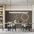 Modern Restaurant Interior With Dining Table Chairs Pendant Lights Wooden Wall Shelves And Green Plant