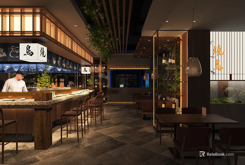 Traditional Japanese Restaurant Interior with Wooden Bar Counter Dining Tables and Green Plants 3d model 