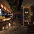 Traditional Japanese Restaurant Interior with Wooden Bar Counter Dining Tables and Green Plants