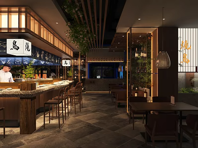 Traditional Japanese Restaurant Interior with Wooden Bar Counter Dining Tables and Green Plants 3d model