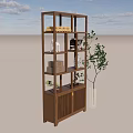 Wooden Shelving Unit With Multiple Shelves Displaying Decorative Items And Green Plant