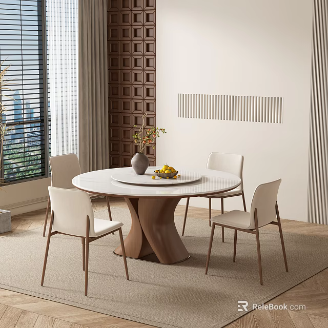 Modern Restaurant Interior With Round Dining Table White Chairs Wall Decor Window Blinds And Vase Fruits 3d model 