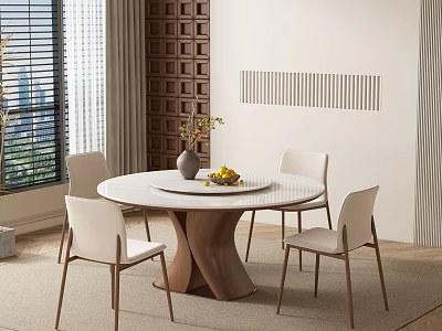 Modern Restaurant Interior With Round Dining Table White Chairs Wall Decor Window Blinds And Vase Fruits 3d model