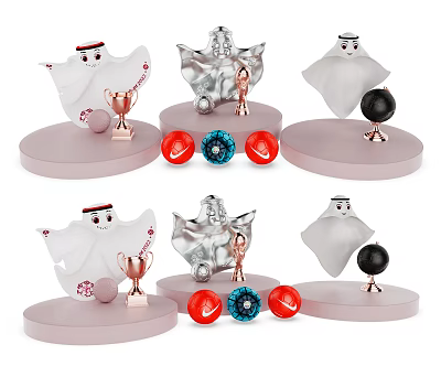 Various Trophies Medals Display With Silver Copper Designs And Red Blue Decorative Pedestals 3d model