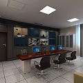 Office Interior With Blue Reception Desk Computers Office Chairs Black Sofas And Glass Cabinets 3d model