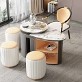 Modern Luxury Tea Table and Chairs with Marble Top White Padded Stools and Tea Set