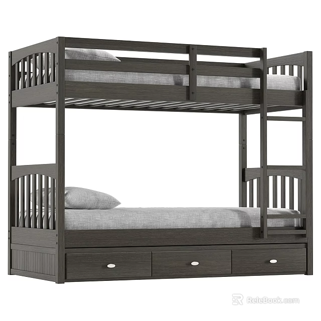 Modern Dark Gray Wooden Bunk Bed with Storage Drawers and Safety Rails 3d model 