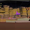 3D Rendered Canyon Terrain With Layered Rock Formations Orange Yellow Colors And Purple Spires