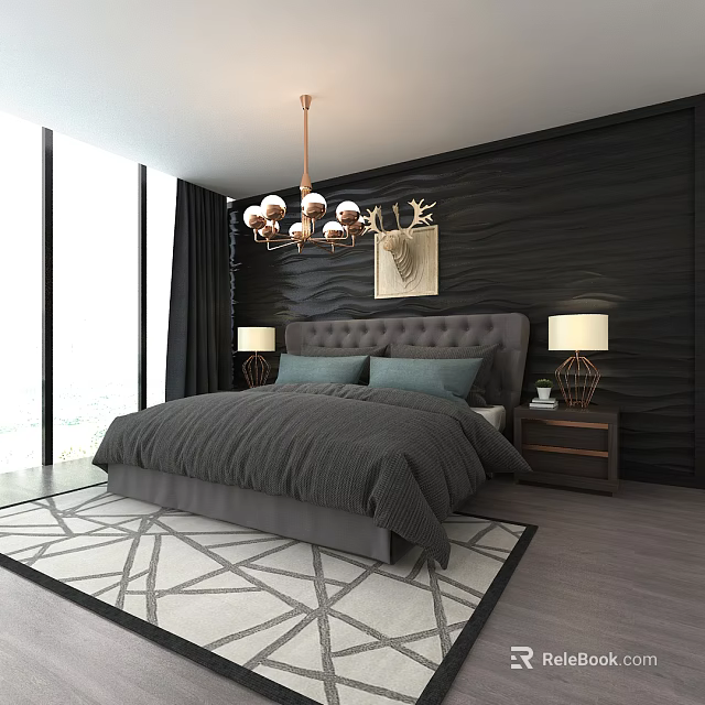 Gray Double Bed Background with Dark Wall Art Blue Pillows and Geometric Rug 3d model 