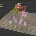 Park Landscape With Orange Archway Green Plants Pink Purple Flowers Golden Lanterns On Stone Platform