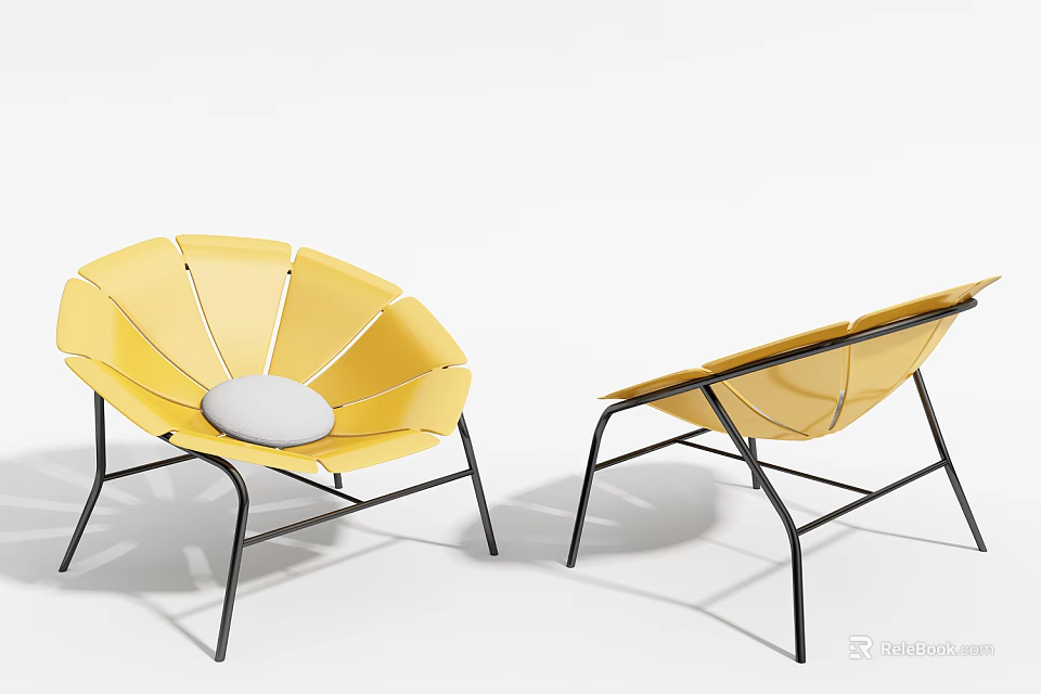 Yellow Outdoor Chairs with Petal Shaped Design and White Cushion on Black Metal Frame 3d model 