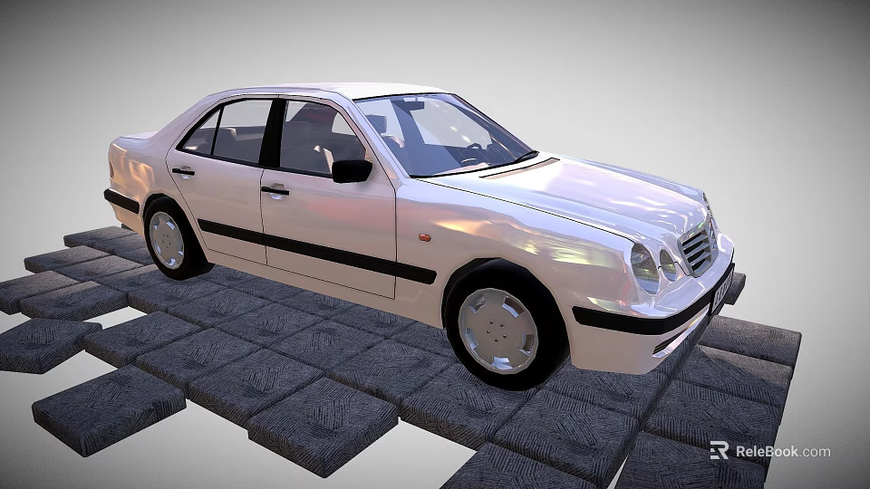 Shiny Classic White Sedan Featuring Black Stripes On Gray Stone Pavement 3d model 