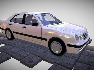 Shiny Classic White Sedan Featuring Black Stripes On Gray Stone Pavement 3d model