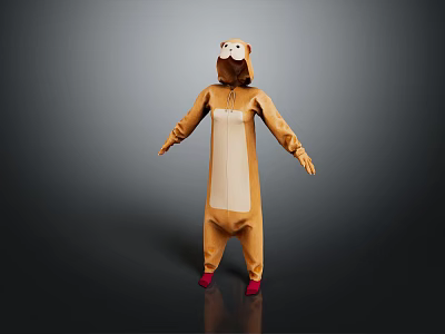 Brown Animal Onesie Costume With White Belly Hood And Red Shoes 3d model
