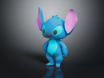 Stitch Cartoon Character In Standing Pose With Large Pink Inner Ears And Blue Body 3d model
