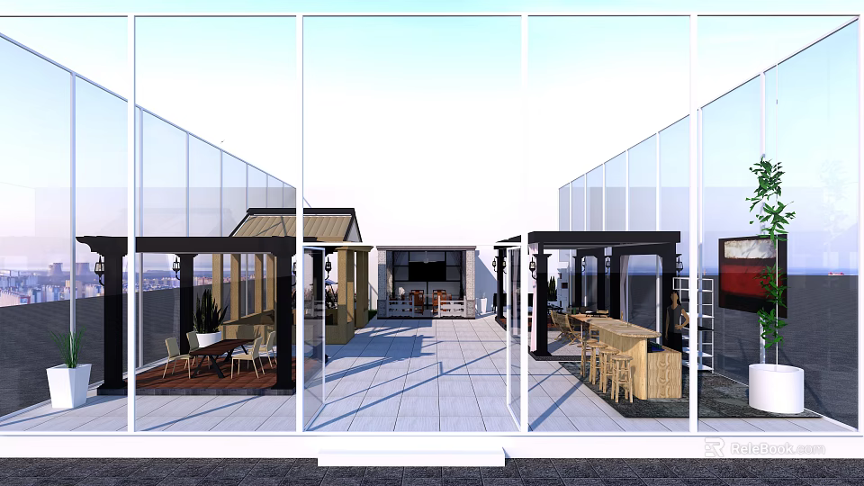 Modern Outdoor Pergola Design With Open Structure Tables Chairs And Plants 3d model 