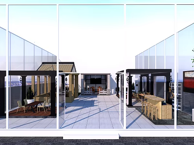 Modern Outdoor Pergola Design With Open Structure Tables Chairs And Plants 3d model