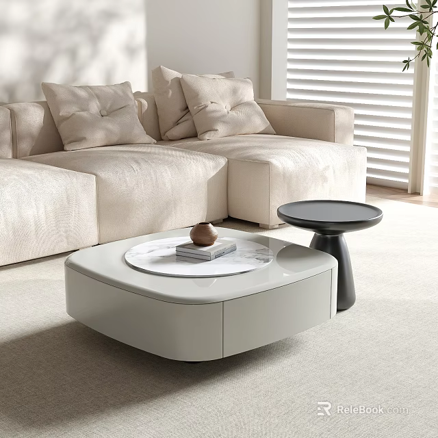Modern Living Room Beige Sofa Coffee Table With Marble Tray Book And Brown Decor Piece 3d model 