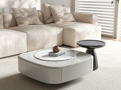 Modern Living Room Beige Sofa Coffee Table With Marble Tray Book And Brown Decor Piece 3d model
