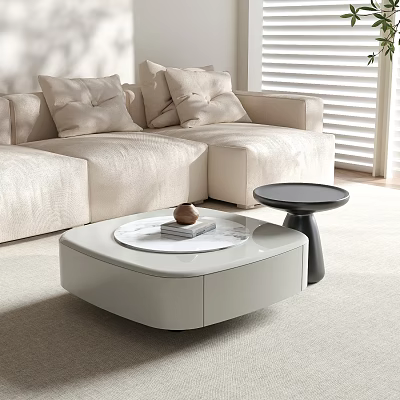 Modern Living Room Beige Sofa Coffee Table With Marble Tray Book And Brown Decor Piece 3d model