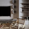 Warm Modern Dining and Living Room with Ceiling Fans Sofa Coffee Table and Decorative Painting