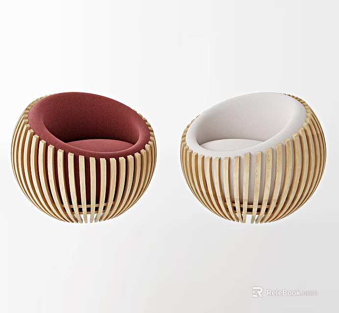 Leisure Sofa Combination with Round Ball Shape Red and White Cushions Wooden Vertical Slats Frame 3d model 