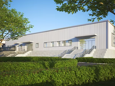 Modern Industrial Factory Building With Grey Metal Exterior Green Trees Shrubs Glass Doors And Windows 3d model