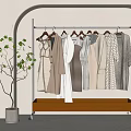 Stylish Clothes Hanging On Metal Rack With Wooden Drawer Green Plant And Light Arched Wall