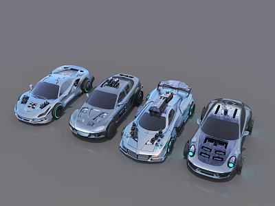 Four Silver Sports Cars With Futuristic Design And Illuminated Details 3d model