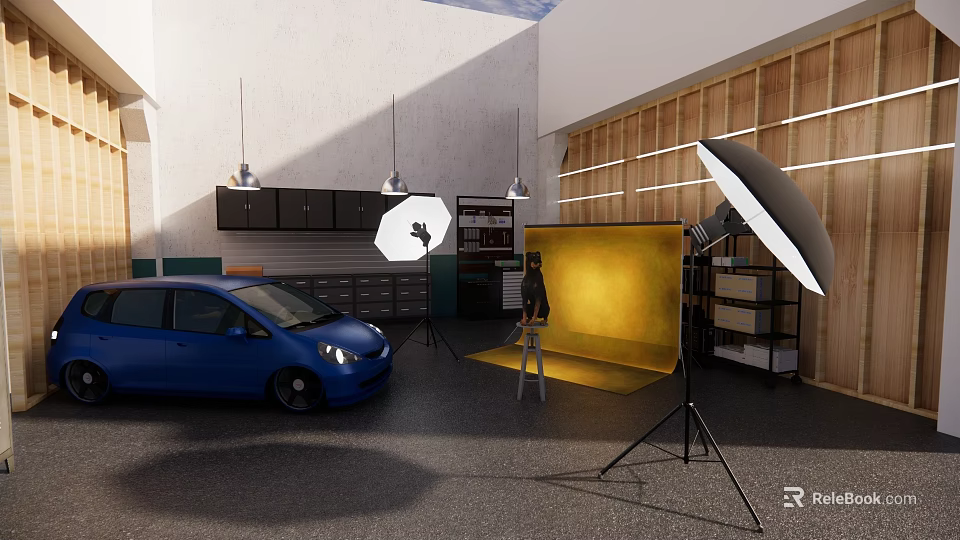 Wedding Dress Store Photography Studio With Photography Equipment Yellow Backdrop And Wooden Walls 3d model 