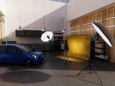 Wedding Dress Store Photography Studio With Photography Equipment Yellow Backdrop And Wooden Walls 3d model