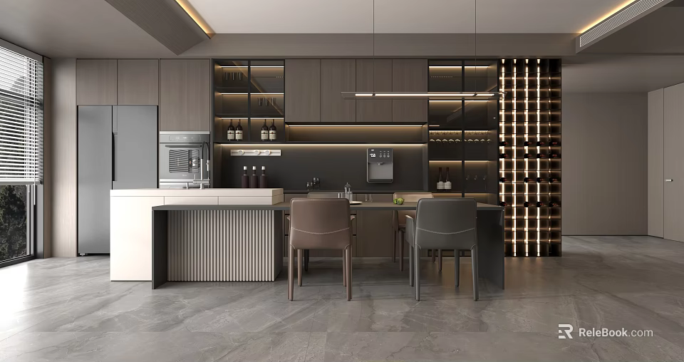 Elegant Modern Luxury Kitchen Interior With Marble Island And Cabinets 3d model 