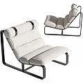Modern Beige Upholstered Lounge Chair With Rolled Backrest Layered Cushion And Black Metal Frame