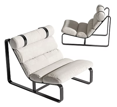 Modern Beige Upholstered Lounge Chair With Rolled Backrest Layered Cushion And Black Metal Frame 3d model